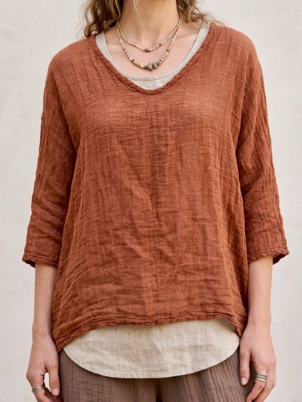 LA BOTTEGA DI BRUNELLA Italy Linen Gauze V-Neck Oversized Tunic Top Rust M